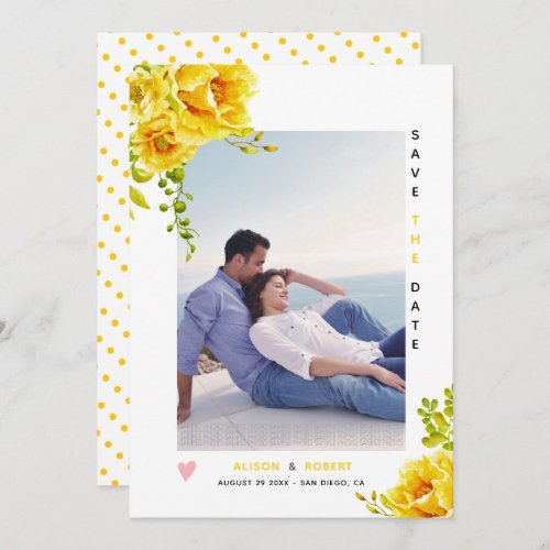 Yellow watercolor flowers green leaves and photo save the date