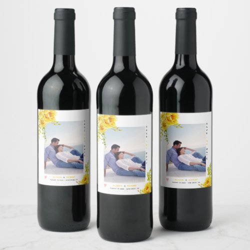 Yellow watercolor flowers green leaves and photo wine label