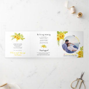 Yellow watercolor flowers green leaves,  photo Tri-Fold program