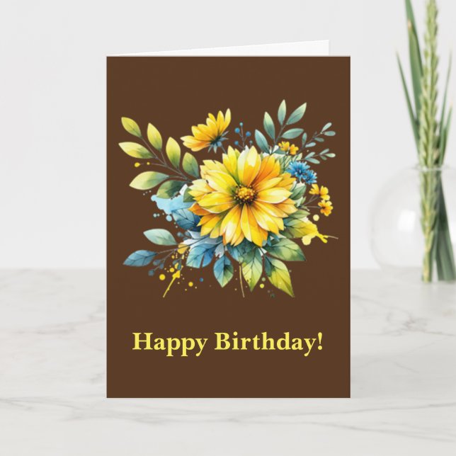 Yellow Watercolor Flowers - Happy Birthday Card (Front)