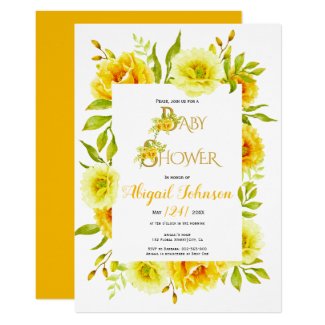 Yellow watercolor flowers neutral baby shower invitation