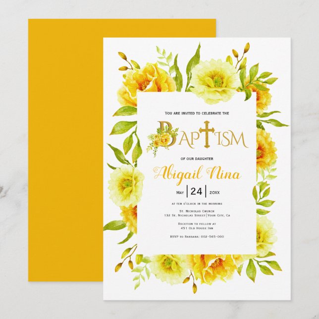 Yellow watercolor flowers neutral floral baptism invitation (Front/Back)