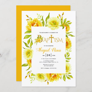 Yellow watercolor flowers neutral floral baptism invitation