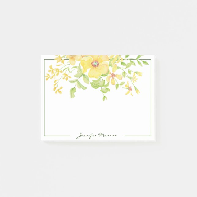yellow watercolor flowers personalized post-it notes (Front)