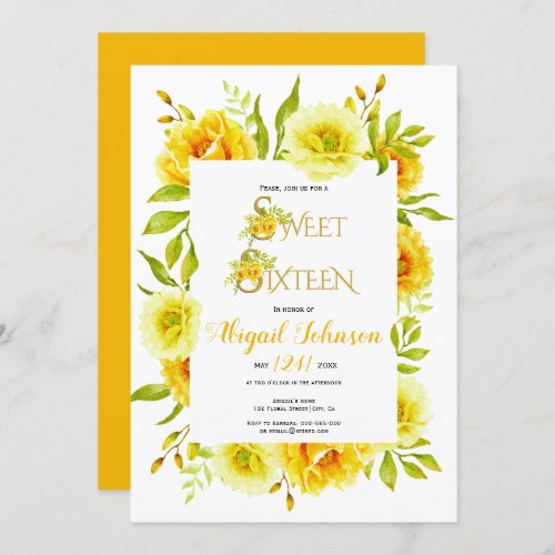 Yellow watercolor flowers sweet sixteen birthday invitation