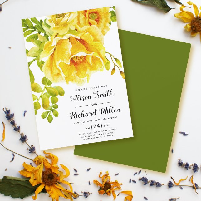Yellow watercolor flowers typography wedding invitation (Creator Uploaded)