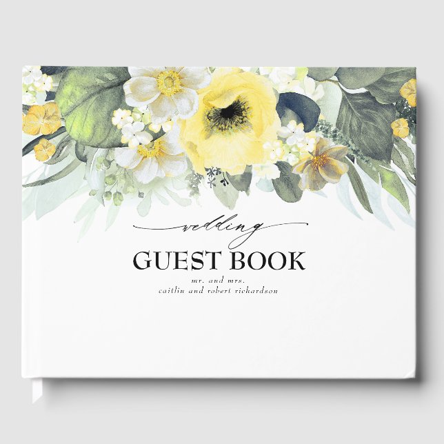 Yellow Watercolor Flowers Wedding Guest Book (Front)