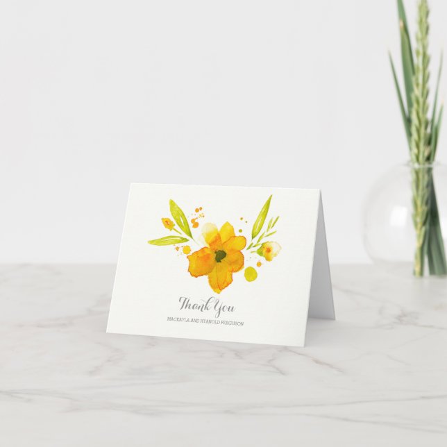 yellow watercolor flowers wedding thank you card (Front)