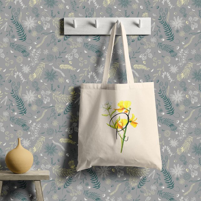 Yellow watercolor flowers with your initial tote bag (Creator Uploaded)