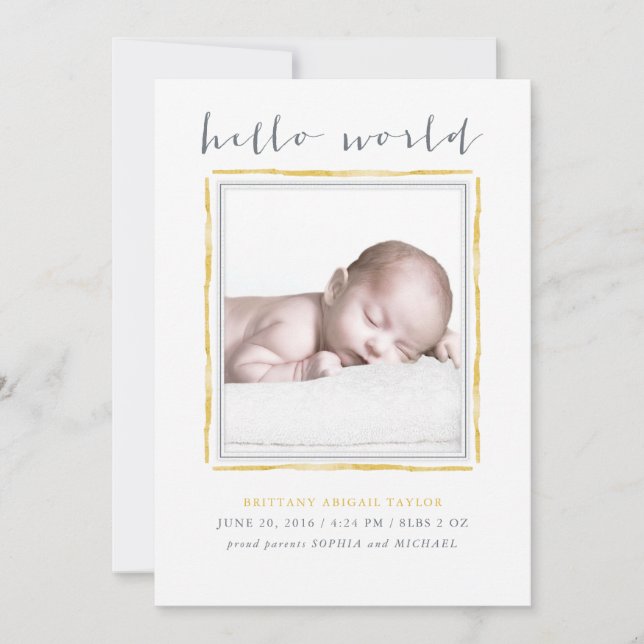 Yellow Watercolor Frame Baby Birth Announcement (Front)