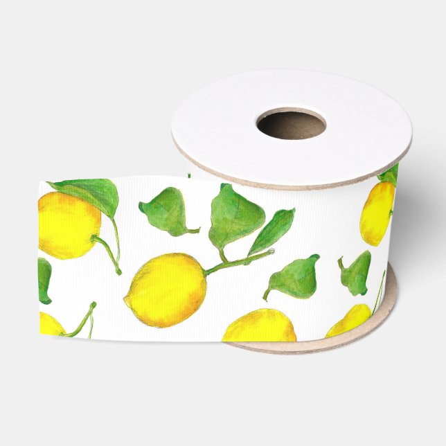 Yellow Watercolor Fruit Citrus Lemons Grosgrain Ribbon (Spool)