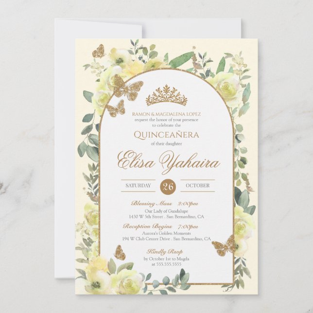 Yellow Watercolor Golden Butterfly Quinceanera Invitation (Front)