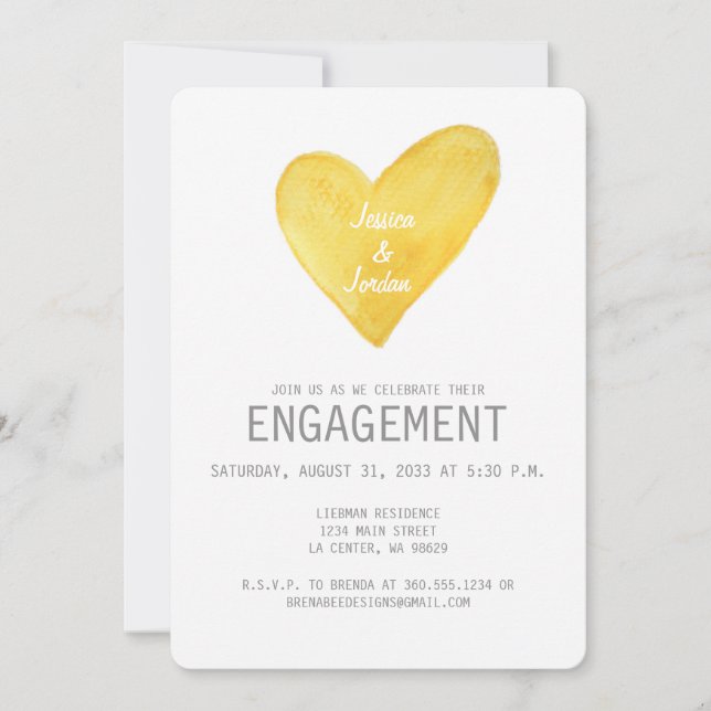 Yellow Watercolor Heart Engagement Invite (Front)
