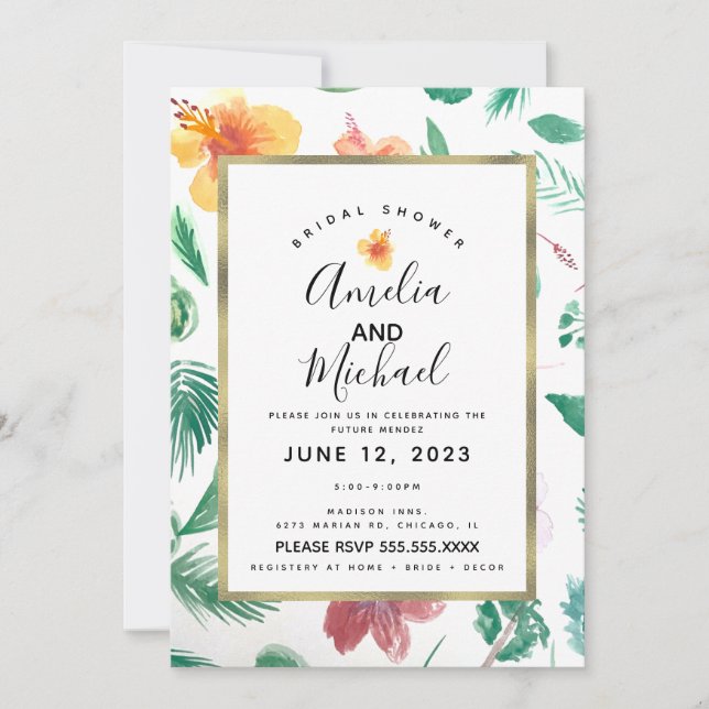 Yellow Watercolor Hibiscus and Greenery Bridal Invitation (Front)