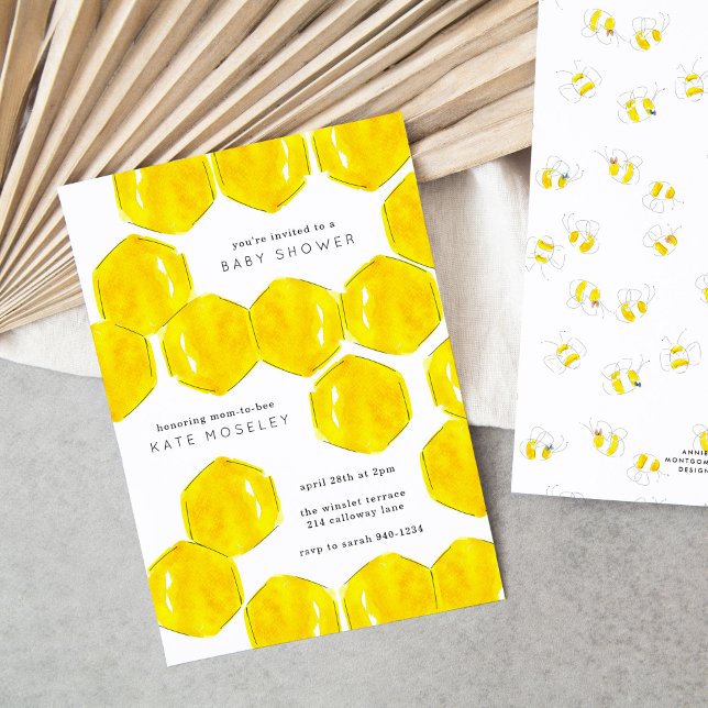 Yellow Watercolor Honeycomb Mom to Bee Baby Shower Invitation (Yellow watercolor bee honeycomb baby shower invitations.)