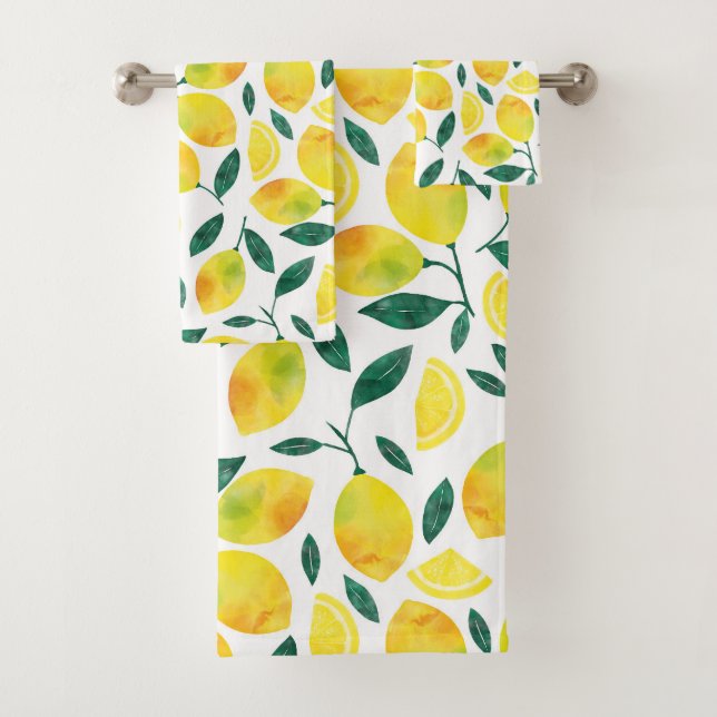 Yellow Watercolor Lemon Pattern Bath Towel Set (Insitu)