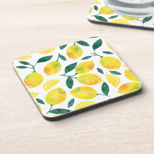 Yellow Watercolor Lemon Pattern Beverage Coaster