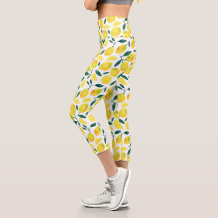 Yellow Watercolor Lemon Pattern Capri Leggings