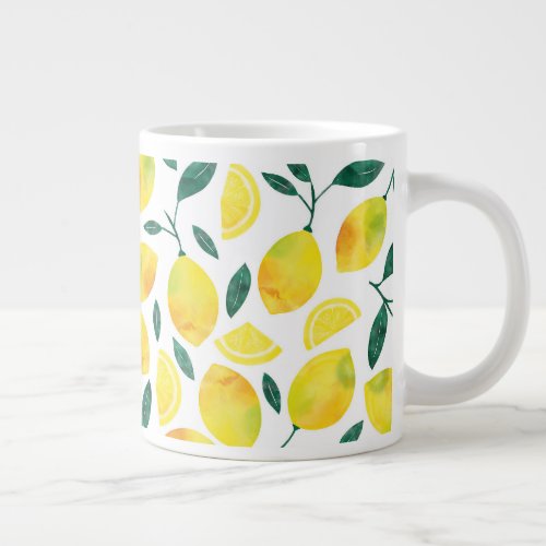 Yellow Watercolor Lemon Pattern Giant Coffee Mug