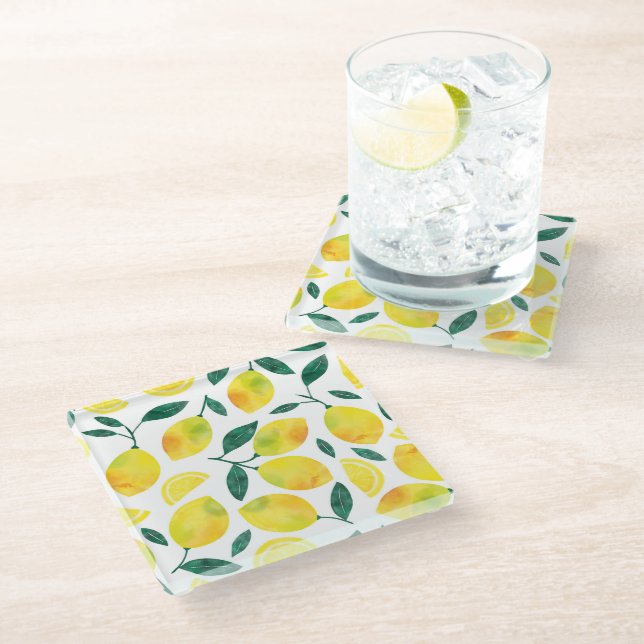 Yellow Watercolor Lemon Pattern Glass Coaster (Angled)