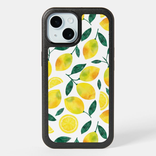 Yellow Watercolor Lemon Pattern iPhone 15 Case (Back)