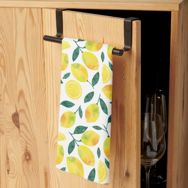 Yellow Watercolor Lemon Pattern Kitchen Towel (Thirds Fold)