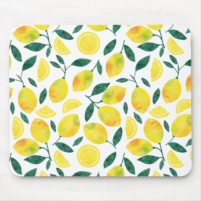Yellow Watercolor Lemon Pattern Mouse Pad (Front)