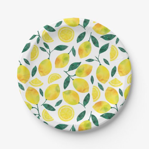 Yellow Watercolor Lemon Pattern Paper Plates