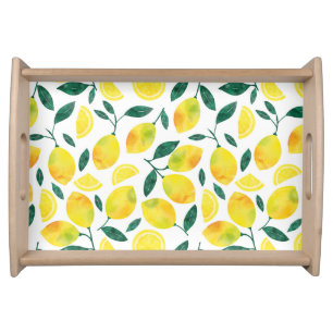 Yellow Watercolor Lemon Pattern Serving Tray