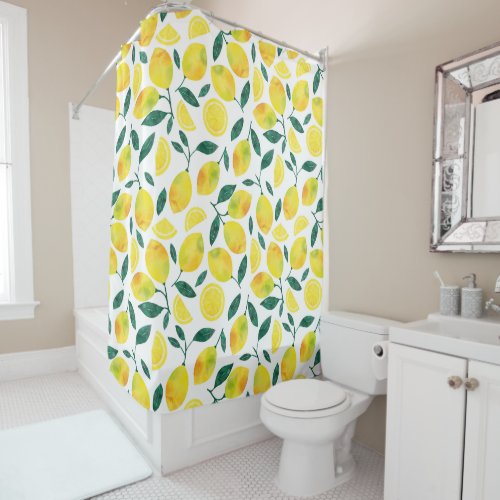Yellow Watercolor Lemon Pattern Shower Curtain