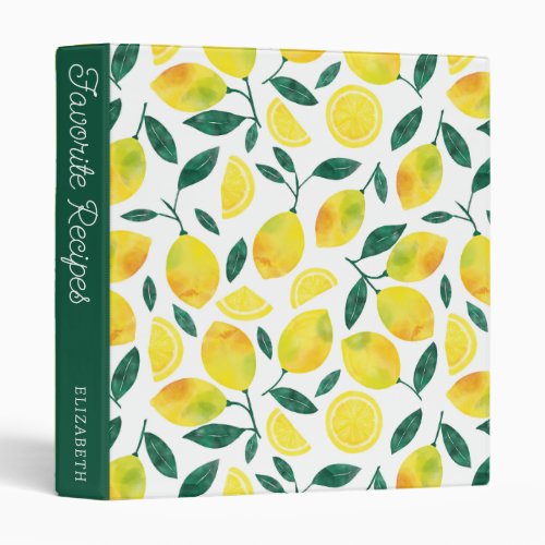 Yellow Watercolor Lemon  Recipe Book 3 Ring Binder