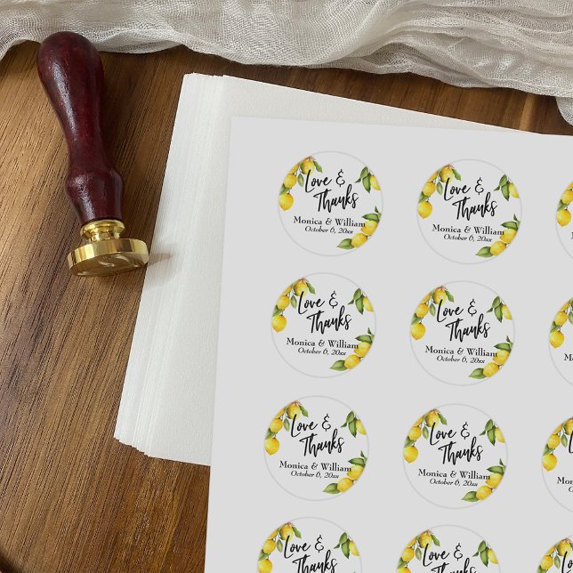 Yellow Watercolor Lemon Sprigs Love & Thanks Classic Round Sticker (Creator Uploaded)