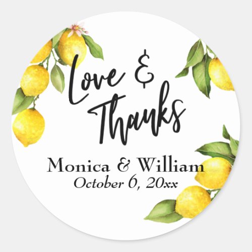 Yellow Watercolor Lemon Sprigs Love  Thanks Classic Round Sticker
