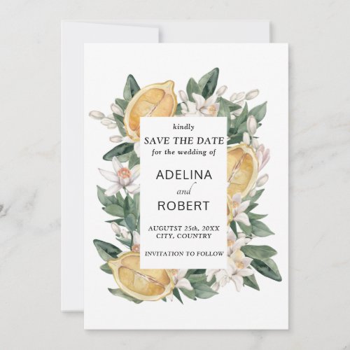 Yellow watercolor lemons and green leaves Wedding  Save The Date
