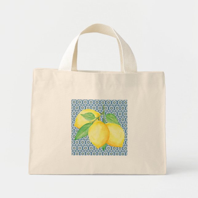 Yellow Watercolor Lemons Blue Mediterranean Tile Mini Tote Bag (Front)