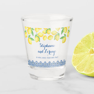 Yellow Watercolor Lemons Blue Mediterranean Tile Shot Glass