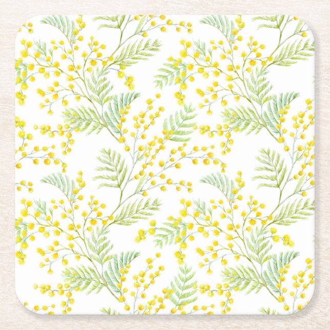 Yellow Watercolor Mimosa Flowers Pattern Square Paper Coaster (Front)