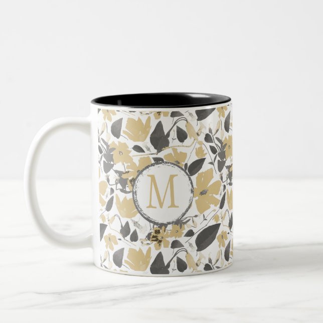 Yellow Watercolor Monogram Clematis Flowers Two-Tone Coffee Mug (Left)