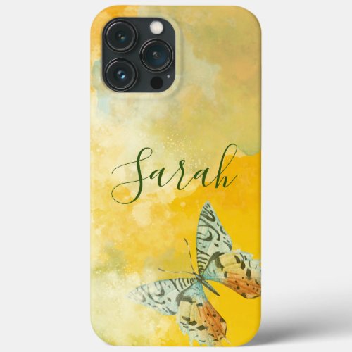 Yellow Watercolor Monogram Name Tie Dye Butterfly  iPhone 13 Pro Max Case
