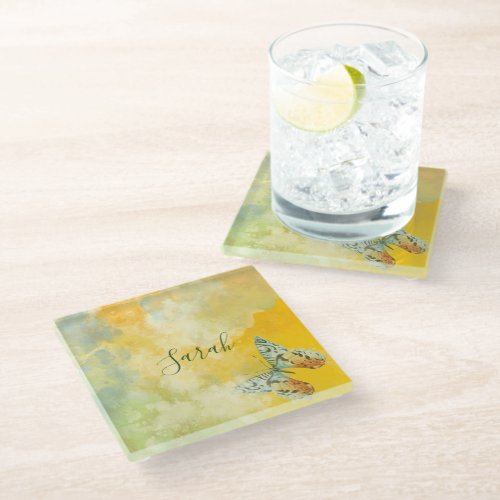 Yellow Watercolor Monogram Name Tie Dye Butterfly  Glass Coaster