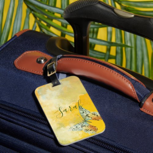 Yellow Watercolor Monogram Name Tie Dye Butterfly  Luggage Tag