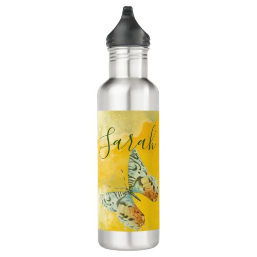 Yellow Watercolor Monogram Name Tie Dye Butterfly  Stainless Steel Water Bottle