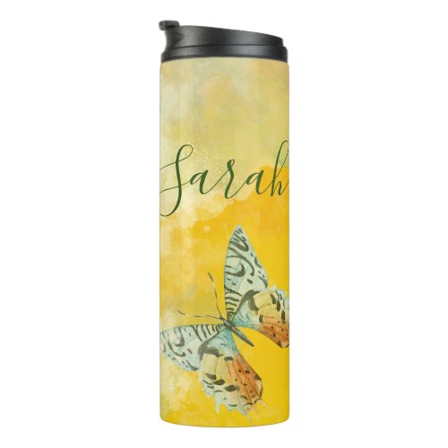 Yellow Watercolor Monogram Name Tie Dye Butterfly  Thermal Tumbler