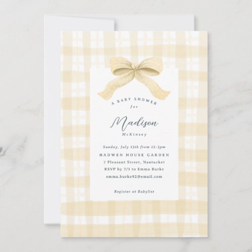 Yellow Watercolor Plaid and Bow Baby Shower Invitation