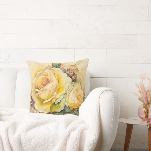 Yellow Watercolor Rose Enlarged Throw Pillow (Couch)