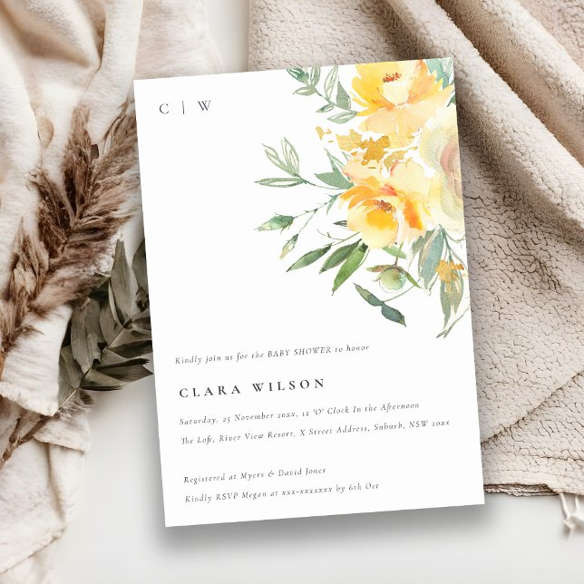 Yellow Watercolor Rose Flower Bunch Baby Shower Invitation (Creator Uploaded)