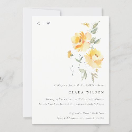 Yellow Watercolor Rose Flower Bunch Bridal Shower Invitation