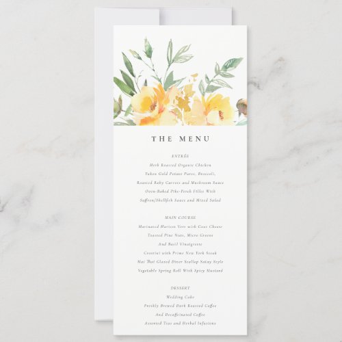 Yellow Watercolor Rose Flower Wedding Menu Card