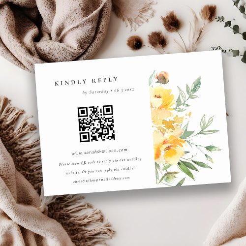 Yellow Watercolor Rose Flower Wedding QR Code RSVP Enclosure Card