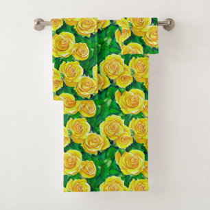 Yellow Watercolor Rose Pattern Bath Towel Set